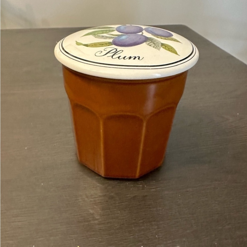 Vintage Plums Preserves Container by Gailstyn Sutton Jam Jar Ceramic Brown White - Picture 2 of 5